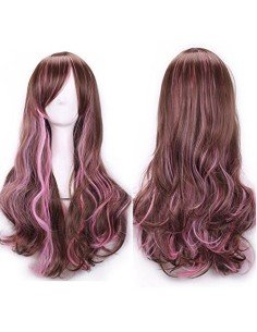 Peluca Bicolor Degradee 70cm Harajuku Castaño Rosado