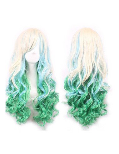 Peluca Bicolor Degradee 70cm Harajuku Rubio Verde Azul Cyan