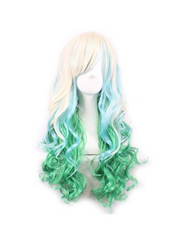 Peluca Bicolor Degradee 70cm Harajuku Rubio Verde Azul Cyan