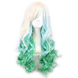 Peluca Bicolor Degradee 70cm Harajuku Rubio Verde Azul Cyan