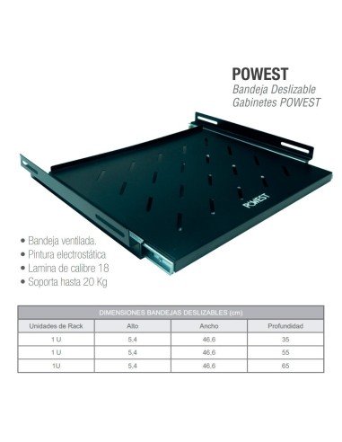 Bandeja Deslizable Ventilada 1 U X 55 CM para gabinetes Powest