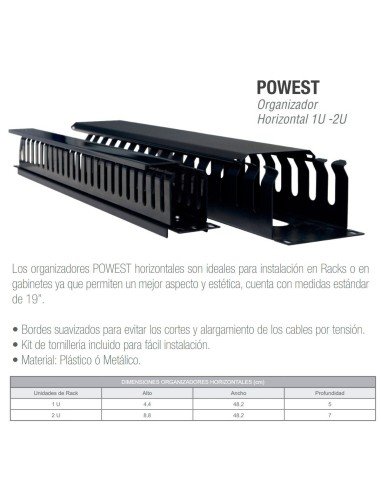 Organizador Horizontal Plástico 1U para instalación en Racks
