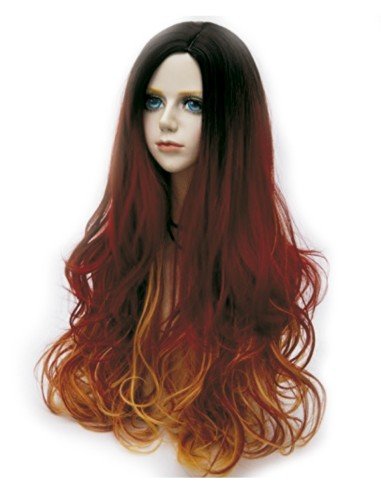 Peluca Bicolor Degradee 70cm Harajuku Naranja Rojo Fuego