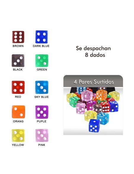 Juego de 8 dados 16mm en acrílico translúcido de alta calidad en colores