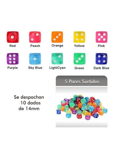 Juego de 8 dados 16mm en acrílico translúcido de alta calidad en colores