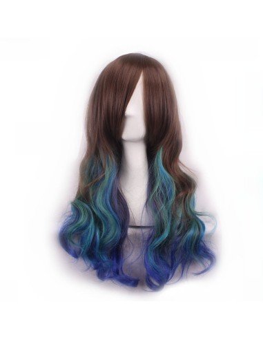 Peluca Bicolor Degradee 70cm Harajuku Castaño Verde Azul