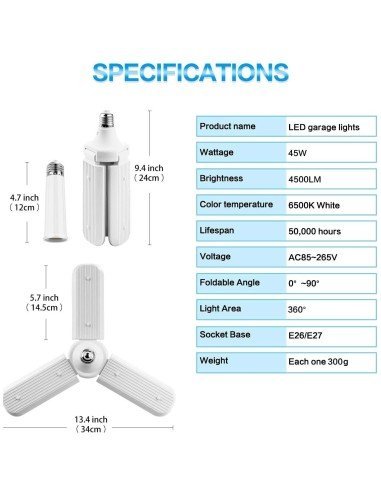 Lampara Deformable de Garaje 45W 4500LM 6500K,Cool Daylight