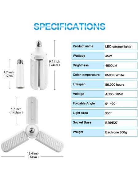 Lampara Deformable de Garaje 45W 4500LM 6500K,Cool Daylight