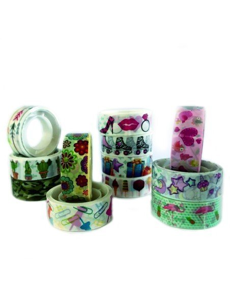 Kit x10 Washi Tape Cinta Adhesiva Impresa 15mm x 5mts decorativa