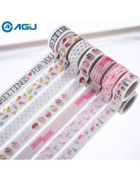 Kit x10 Washi Tape Cinta Adhesiva Impresa 15mm x 5mts decorativa