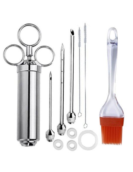 ⭐ Kit Jeringa Inyector Acero Inoxidable Adobo Pollo Pernil Pavo Relleno Cocina