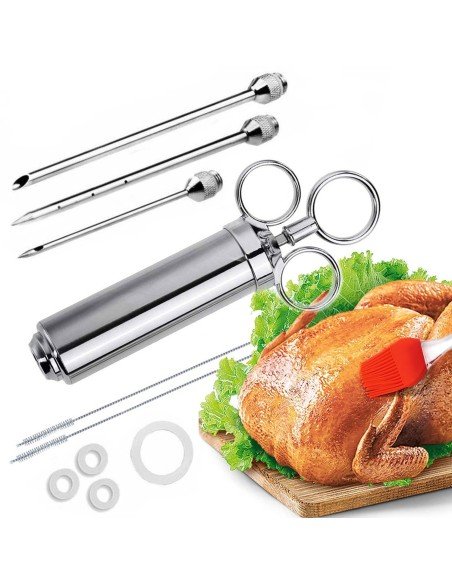 ⭐ Kit Jeringa Inyector Acero Inoxidable Adobo Pollo Pernil Pavo Relleno Cocina