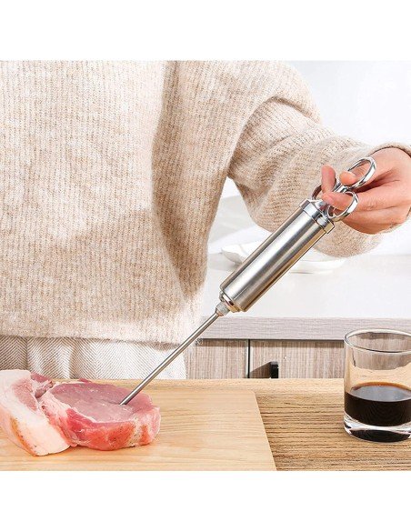 ⭐ Kit Jeringa Inyector Acero Inoxidable Adobo Pollo Pernil Pavo Relleno Cocina