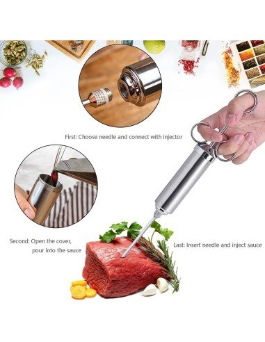 ⭐ Kit Jeringa Inyector Acero Inoxidable Adobo Pollo Pernil Pavo Relleno Cocina