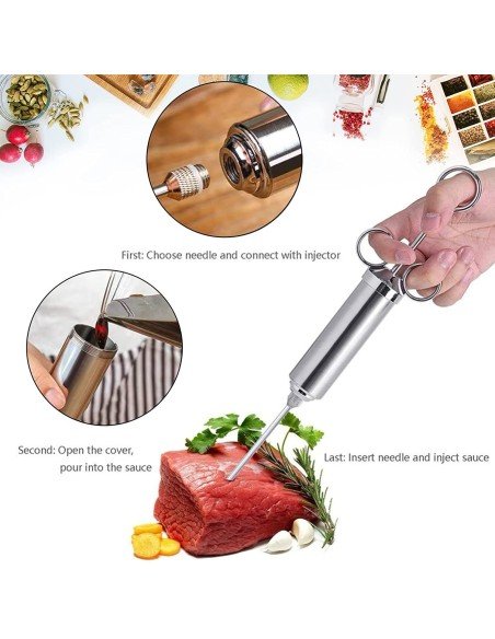 ⭐ Kit Jeringa Inyector Acero Inoxidable Adobo Pollo Pernil Pavo Relleno Cocina