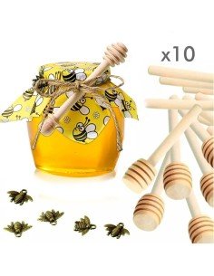 Kit x10 Mieleros Palitos Madera cortar miel + placa + papel + yute