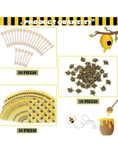 ⭐ Kit x10 Mieleros Palitos Madera cortar miel + placa + papel + yute