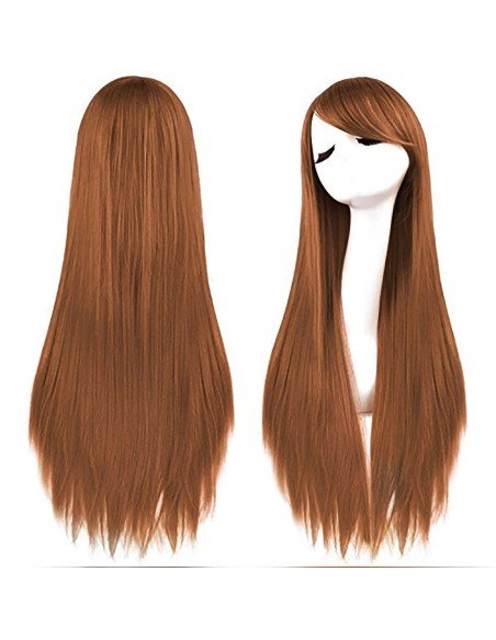 ⭐ Peluca Cosplay lisa 80cm Kanekalon Café Cobrizo