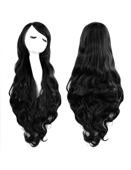⭐ Peluca Cosplay Ondulada 80cm Kanekalon Negro