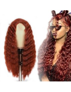 ⭐ Peluca Rizada Carrera al centro 70cm Kanekalon Front Lace Rojo Vino