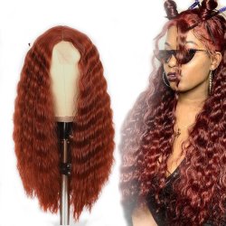 ⭐ Peluca Rizada Carrera al centro 70cm Kanekalon Front Lace Rojo Vino