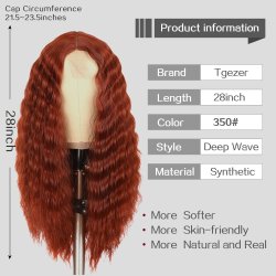⭐ Peluca Rizada Carrera al centro 70cm Kanekalon Front Lace Rojo Vino