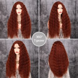 ⭐ Peluca Rizada Carrera al centro 70cm Kanekalon Front Lace Rojo Vino