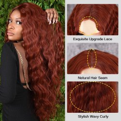 ⭐ Peluca Rizada Carrera al centro 70cm Kanekalon Front Lace Rojo Vino