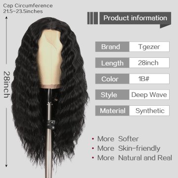 ⭐ Peluca Rizada Carrera al centro 70cm Kanekalon Front Lace Negrp