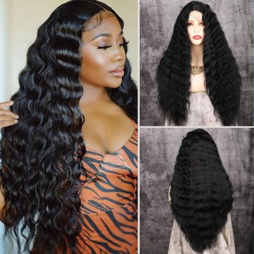 ⭐ Peluca Rizada Carrera al centro 70cm Kanekalon Front Lace Negrp