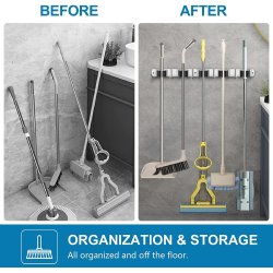 ⭐ Soporte Organizador Escobas Acero Inoxidable Multiusos