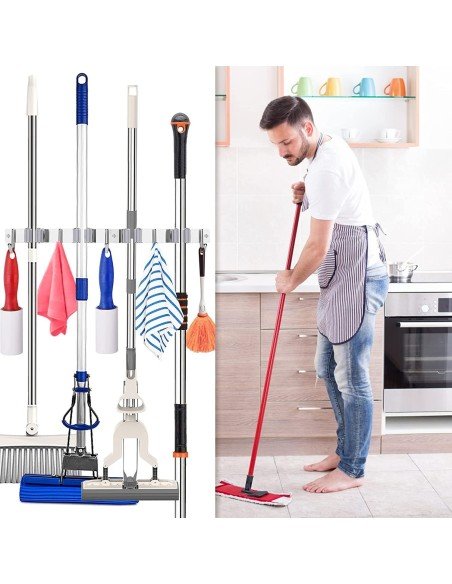 ⭐ Soporte Organizador Escobas Acero Inoxidable Multiusos
