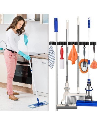 ⭐ Soporte Organizador Escobas Acero Inoxidable Multiusos