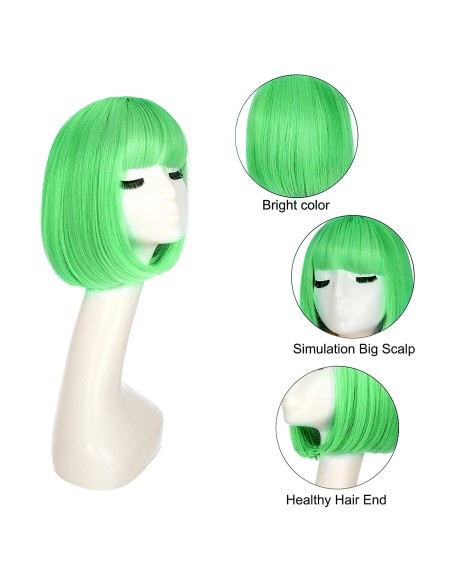 ⭐Peluca Corta Bob de fantasía Verde Menta Verde Claro, Verde Manzana para Fiestas