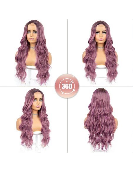 ⭐ Peluca Rizada Carrera al centro 70cm Kanekalon Front Lace Rojo Vino