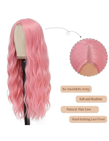 ⭐ Peluca Rizada Carrera al centro 70cm Kanekalon Front Lace Rojo Vino