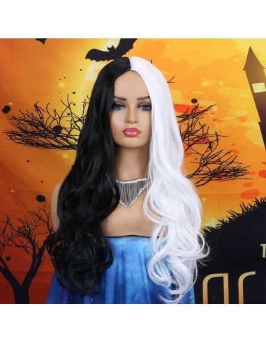 ⭐ Peluca Cruella De Vil Rizada Carrera al centro 70cm Kanekalon