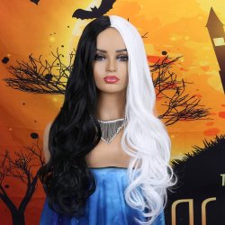 ⭐ Peluca Cruella De Vil Rizada Carrera al centro 70cm Kanekalon