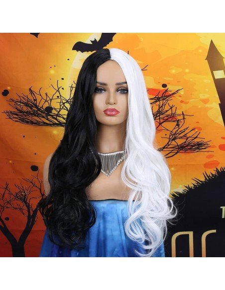 ⭐ Peluca Cruella De Vil Rizada Carrera al centro 70cm Kanekalon