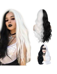 ⭐ Peluca Cruella De Vil Rizada Carrera al centro 70cm Kanekalon