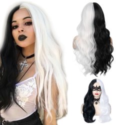 ⭐ Peluca Cruella De Vil Rizada Carrera al centro 70cm Kanekalon