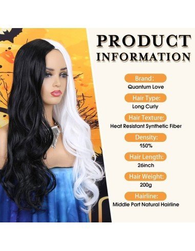 ⭐ Peluca Cruella De Vil Rizada Carrera al centro 70cm Kanekalon