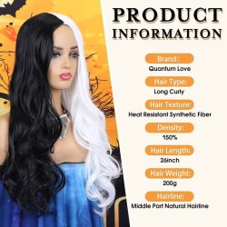 ⭐ Peluca Cruella De Vil Rizada Carrera al centro 70cm Kanekalon