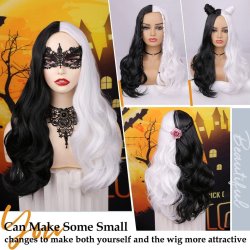 ⭐ Peluca Cruella De Vil Rizada Carrera al centro 70cm Kanekalon