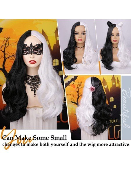 ⭐ Peluca Cruella De Vil Rizada Carrera al centro 70cm Kanekalon ⭐ Peluca Cruella De Vil Rizada Carrera al centro 70cm Kanekalon