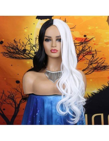 ⭐ Peluca Cruella De Vil Rizada Carrera al centro 70cm Kanekalon