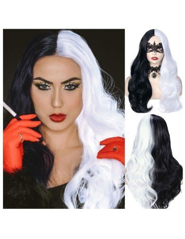 ⭐ Peluca Cruella De Vil Rizada Carrera al centro 70cm Kanekalon