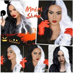 ⭐ Peluca Cruella De Vil Rizada Carrera al centro 70cm Kanekalon