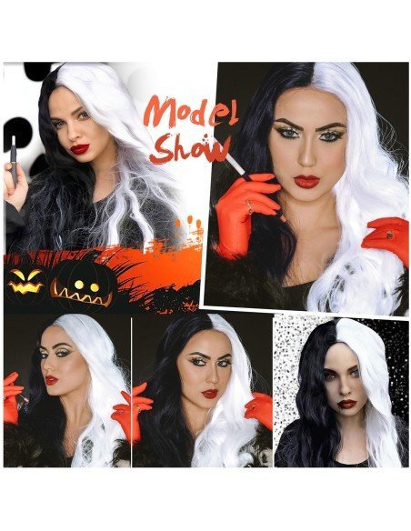 ⭐ Peluca Cruella De Vil Rizada Carrera al centro 70cm Kanekalon