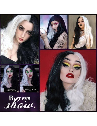 ⭐ Peluca Cruella De Vil Rizada Carrera al centro 70cm Kanekalon